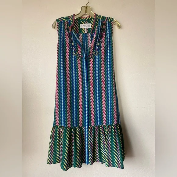 Saloni silk dress vibrant multicolor floral stripe US 4 tropical  vacation - Picture 1 of 6